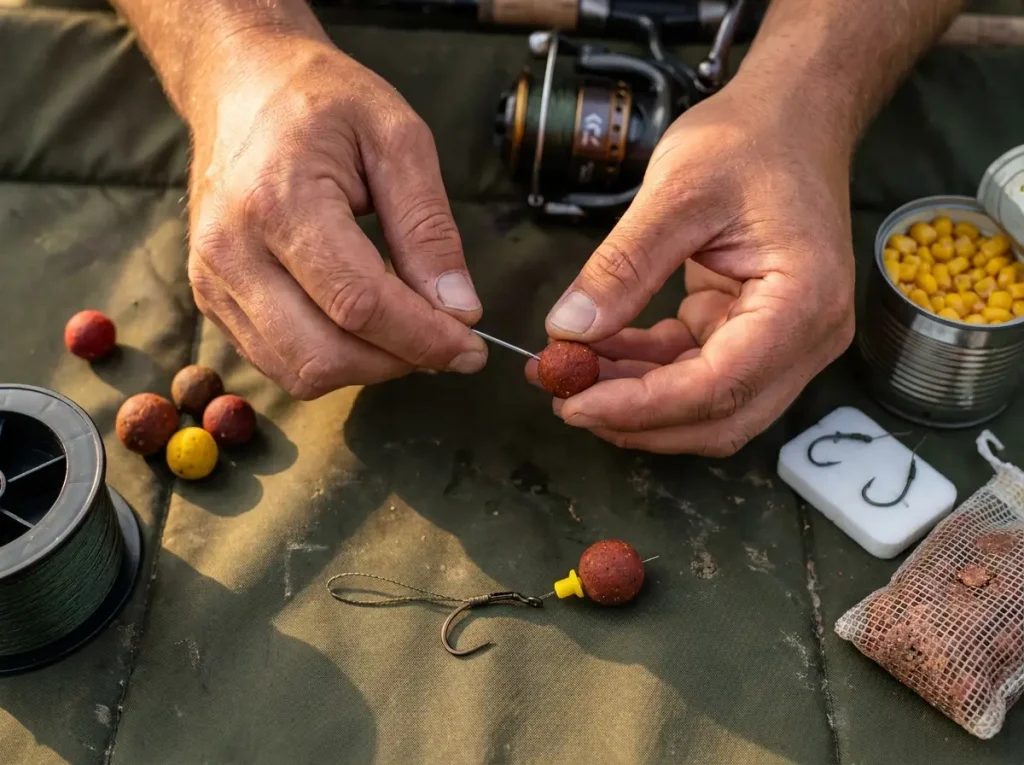 Angler threading boilie onto hair rig with tackle spread on mat