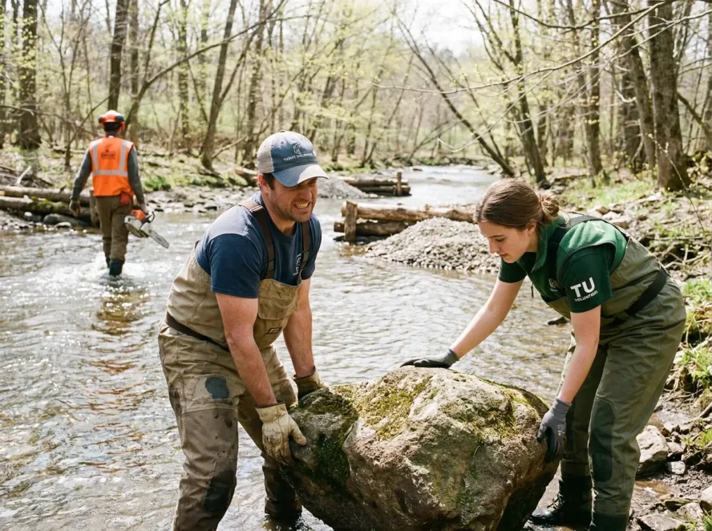 Volunteer angler placing habitat structure in restored stream channel during Trout Unlimited restoration project