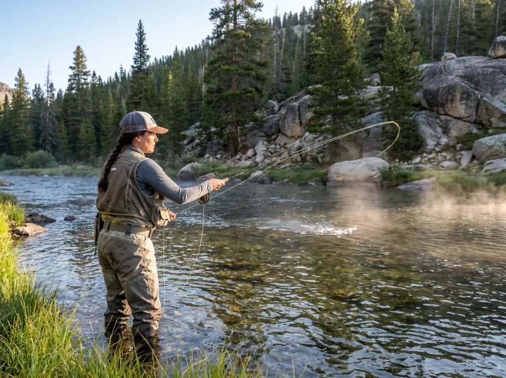Angler wearing mesh vest while wade fishing a mountain stream