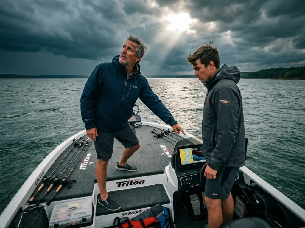 Anglers monitoring an incoming storm front and barometric pressure drop.