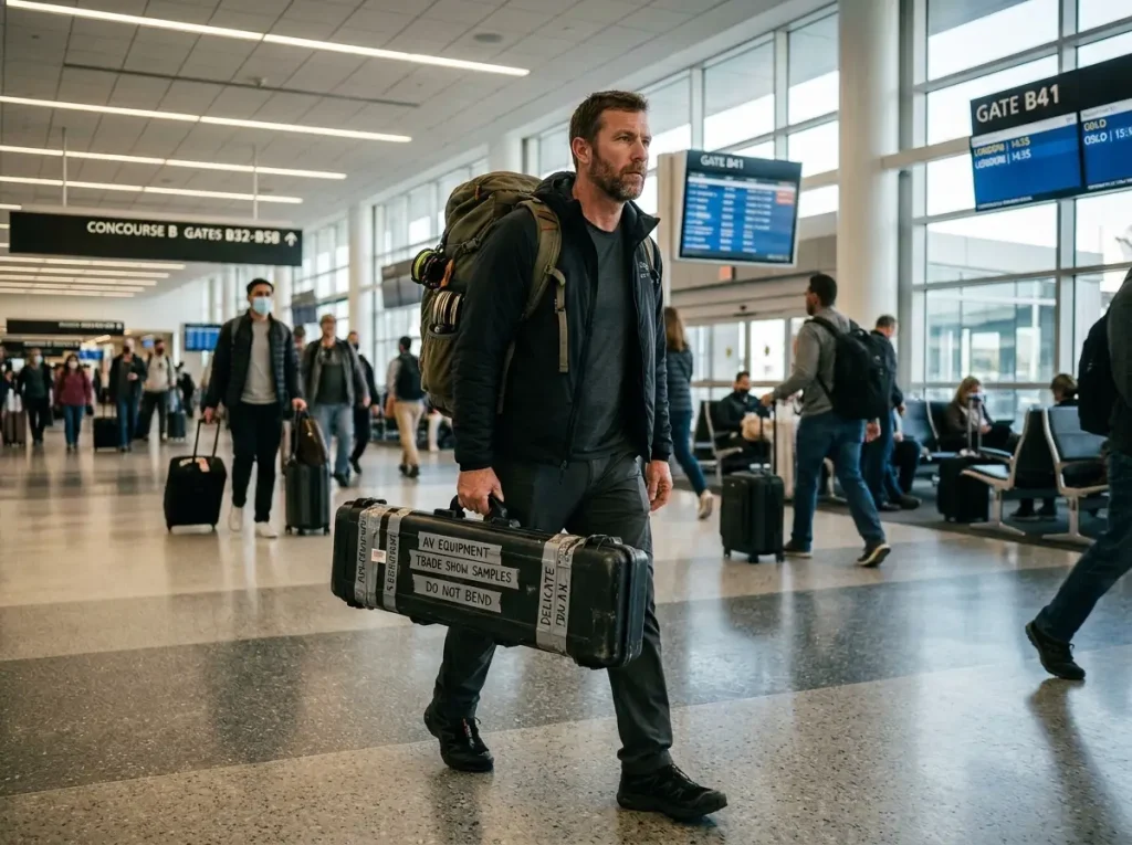 Guide carrying stealthy fishing rod case travel protection guide at airport.