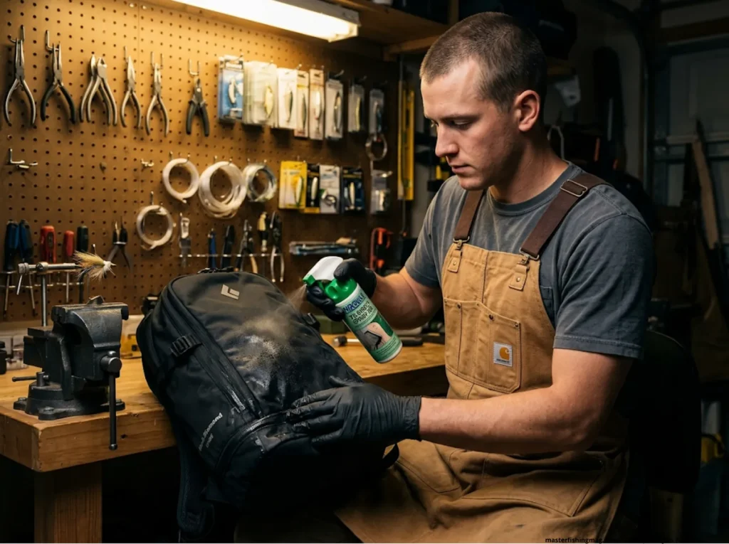 Angler in a garage workshop applying Nikwax DWR waterproof spray to a black fishing backpack.