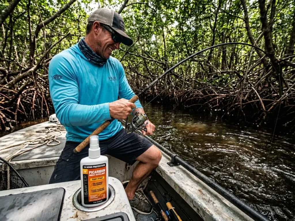 Angler fighting a fish in an Everglades creek with Sawyer Picaridin in foreground