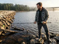 Why Crankbaits Snag From Shore and How to Stop It Angler evaluating a rocky bank before bank fishing with crankbaits without a boat