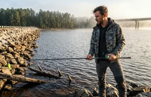 Why Crankbaits Snag From Shore and How to Stop It Angler evaluating a rocky bank before bank fishing with crankbaits without a boat