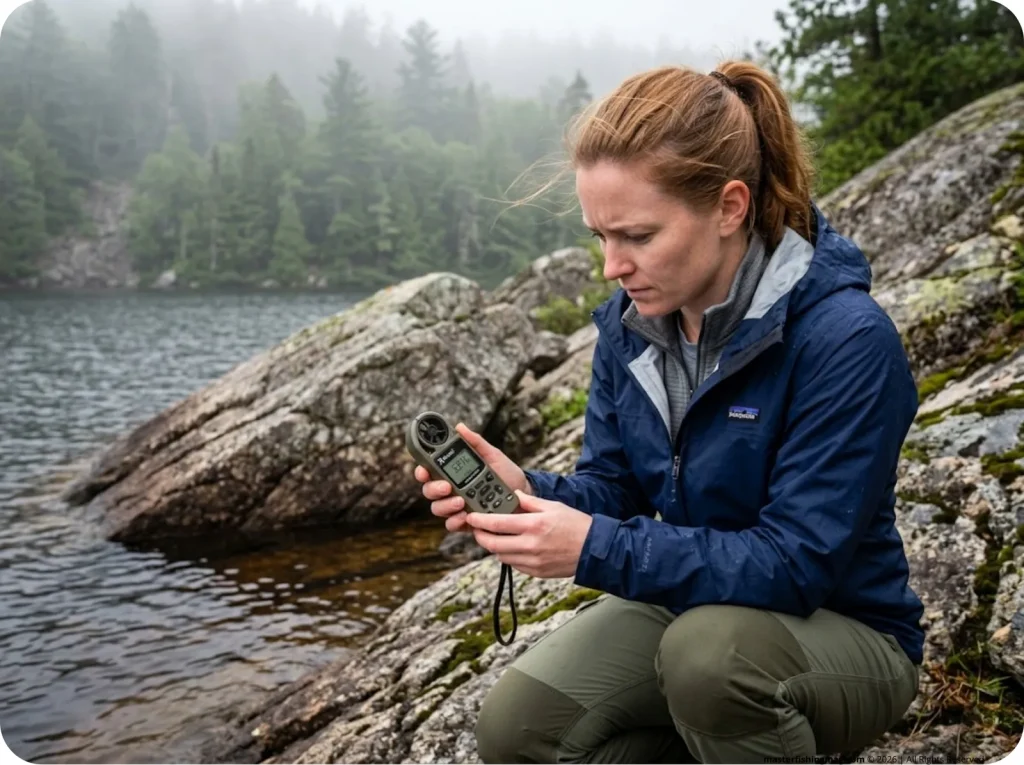 Female fisheries researcher checking barometric pressure math on rocky shore