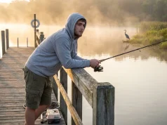 Casting All Day, Zero Bites? Read This First New angler fishing from dock at sunrise on misty lake holding spinning rod