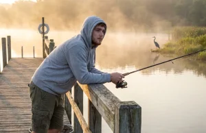 Casting All Day, Zero Bites? Read This First New angler fishing from dock at sunrise on misty lake holding spinning rod