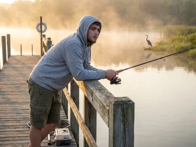 basic-fish-behavior-new-angler-dock-sunrise New angler fishing from dock at sunrise on misty lake holding spinning rod