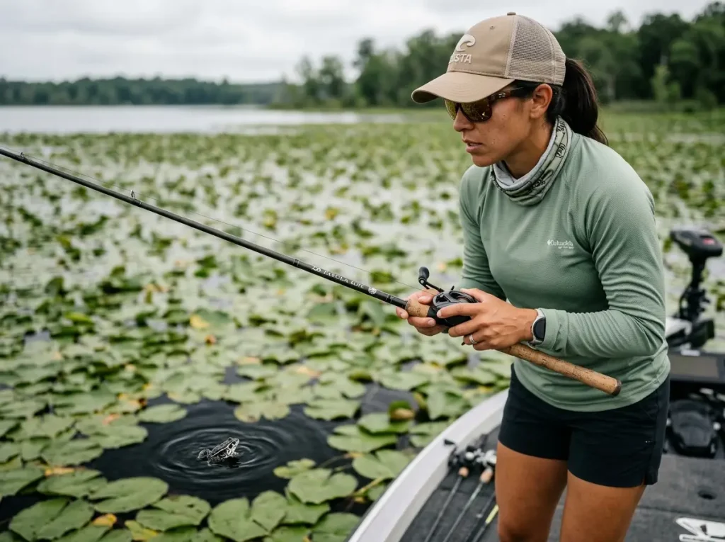 Bass angler watching hollow body frog land on lily pad mat, waiting for blow-up strike