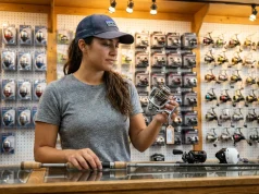 What Reel Should a Beginner Get? Not Always Spinning Beginner angler examining spinning reel at tackle shop counter