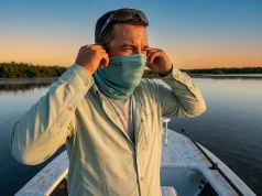 Best Fishing Buff Neck Gaiter for Sun Protection 2026 Angler adjusting a BUFF CoolNet UV neck gaiter on a Florida Keys flats skiff at golden hour