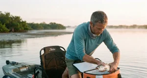 Best Fishing Cooler Bags for Kayak and Offshore Angler loading catch into a fishing cooler bag on a kayak at sunrise to keep the catch fresh