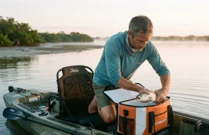 Best Fishing Cooler Bags for Kayak and Offshore Angler loading catch into a fishing cooler bag on a kayak at sunrise to keep the catch fresh