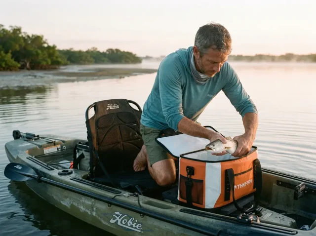 best-fishing-cooler-bags-kayak-hero Angler loading catch into a fishing cooler bag on a kayak at sunrise to keep the catch fresh