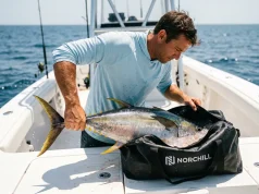 Best Fishing Cooler Bags to Keep Catch Fresh Angler loading fresh tuna into NorChill fish kill bag on a center-console boat deck