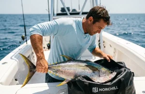 Best Fishing Cooler Bags to Keep Catch Fresh Angler loading fresh tuna into NorChill fish kill bag on a center-console boat deck