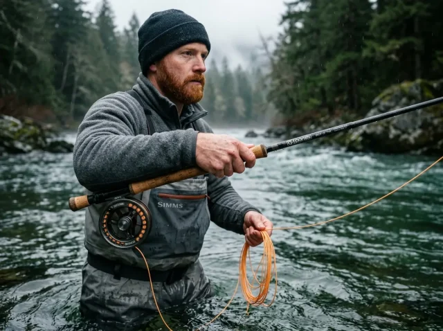 best-steelhead-rivers-washington-state-cfs Angler inspecting the best steelhead rivers in washington state