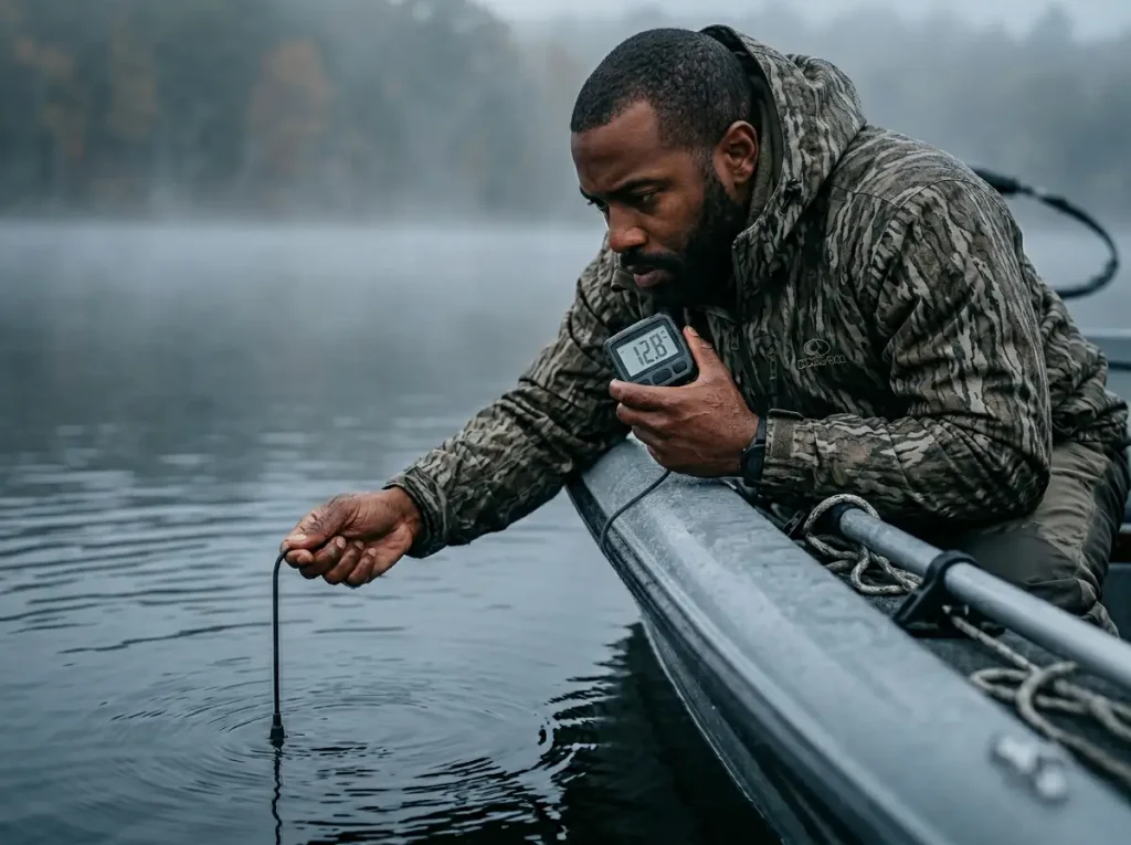 Angler using a digital thermometer probe to find optimal thermal gradients for fish