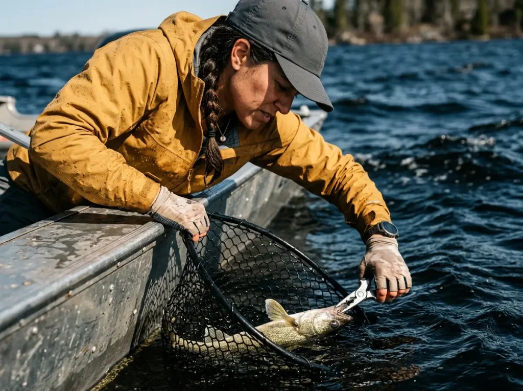 Angler keeping an exhausted fish submerged in a rubber net