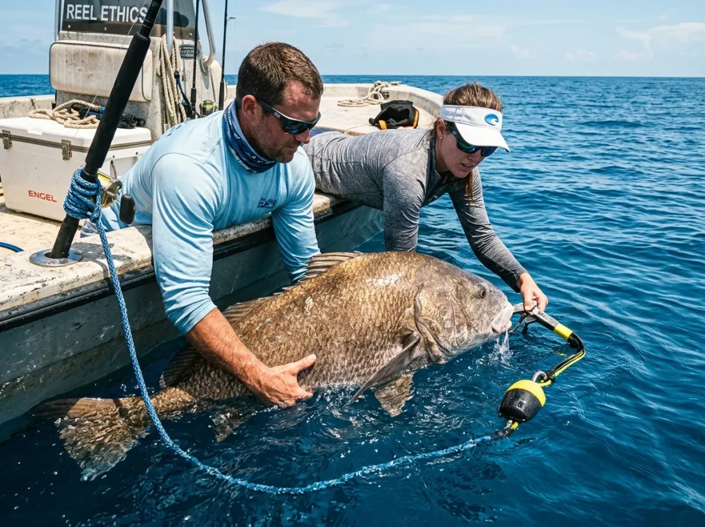 Anglers releasing large black drum with descending device