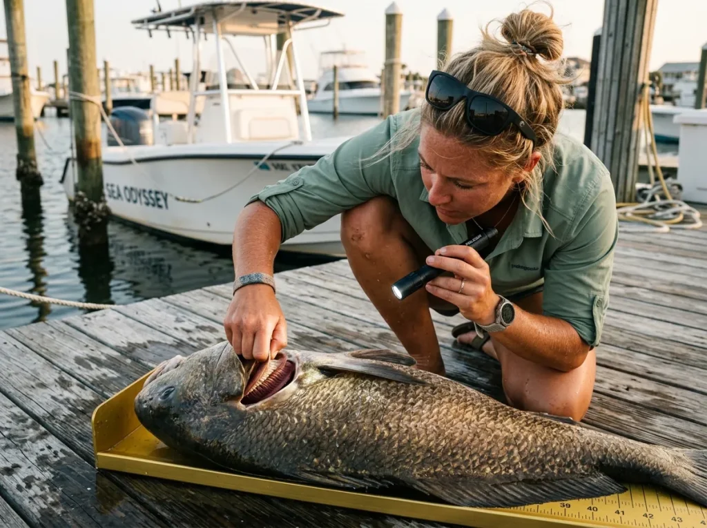 Biologist inspecting where how drum fish use pharyngeal teeth to crush shells