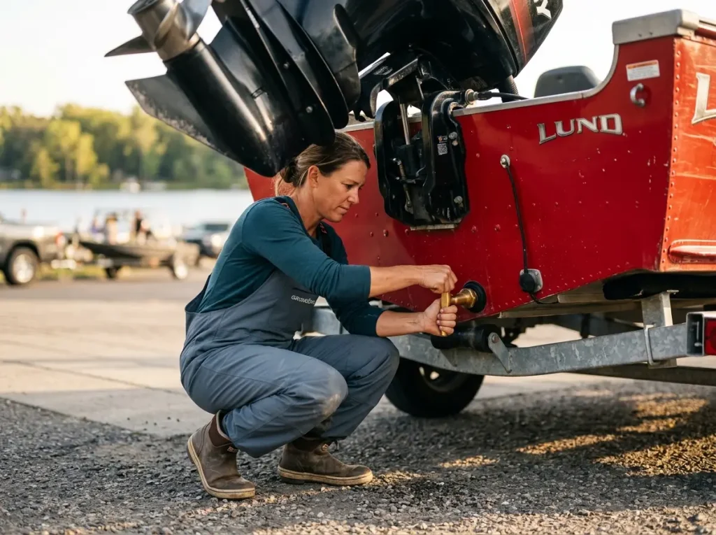 Executing the pre-launch checklist by installing the boat drain plug
