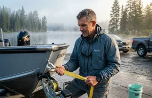 Boat Trailer Maintenance Loading Guide Field-Tested Fixes Professional angler inspecting boat trailer winch strap before launch at a misty morning ramp