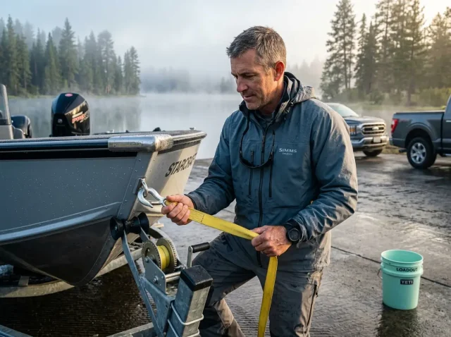 boat-trailer-maintenance-loading-guide-hero Professional angler inspecting boat trailer winch strap before launch at a misty morning ramp