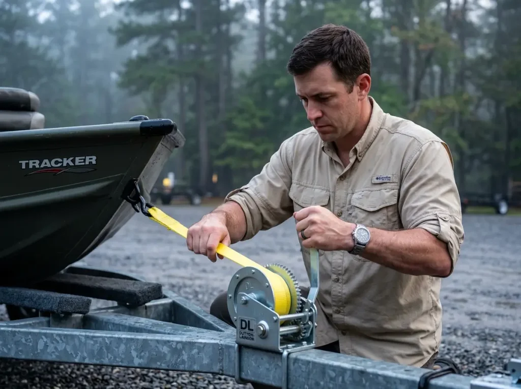 Angler properly winching an aluminum boat onto a trailer