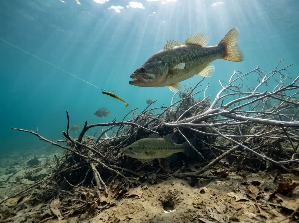 Two bass at different depths near structure showing bold versus cautious behavior