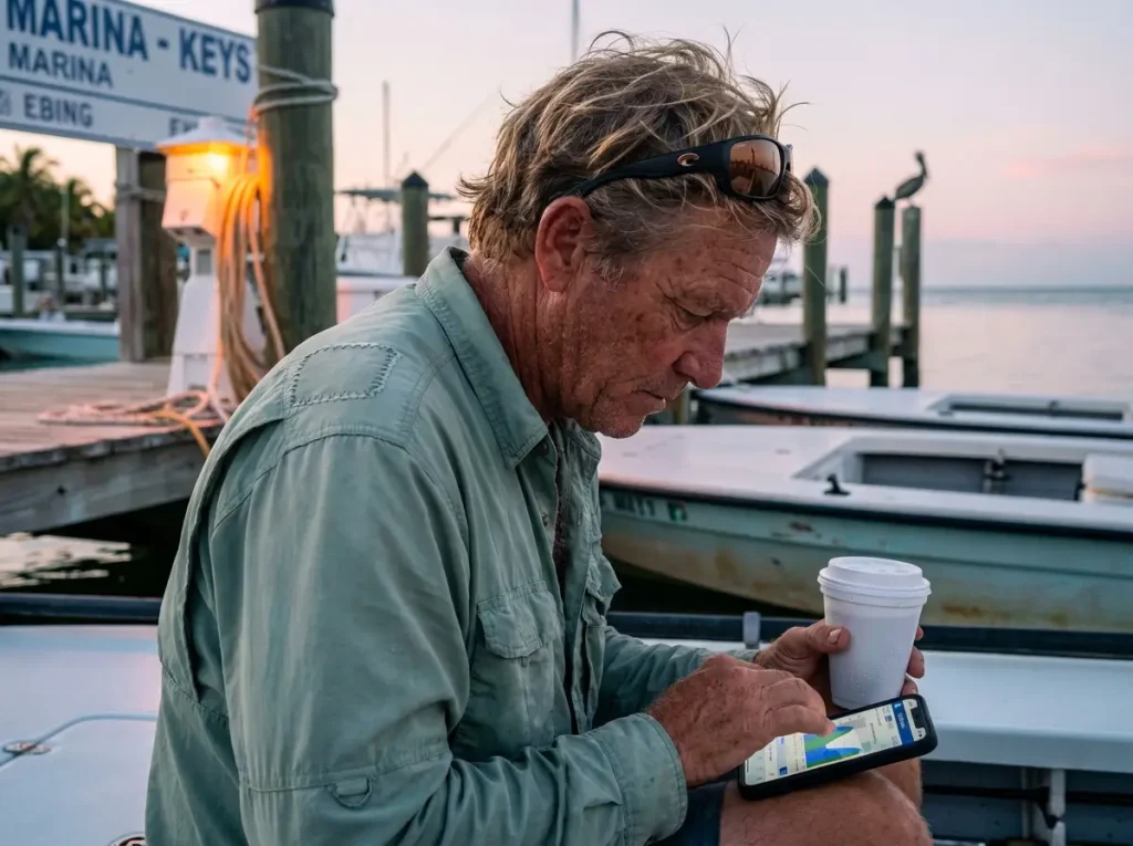 Florida Keys fishing guide studying a tide chart on a phone dockside before a bonefishing trip