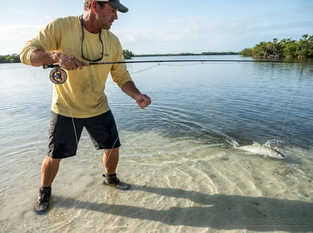 Angler performing a strip-set hookup on a bonefish with fly rod pointing at the fish on a Keys flat