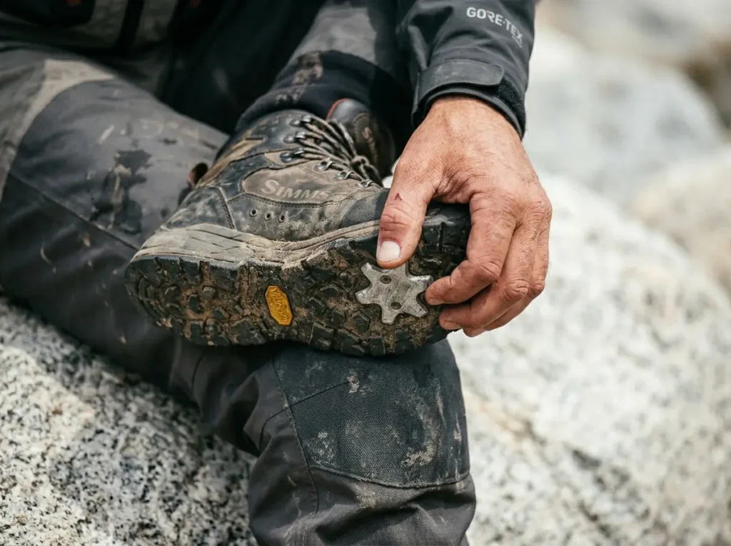 Inspecting AlumiBite cleats on a Simms wading boot sole