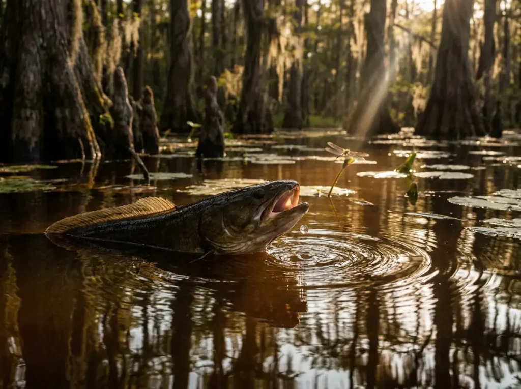 Bowfin gulping air at water surface in oxygen-poor swamp habitat, ripple rings visible