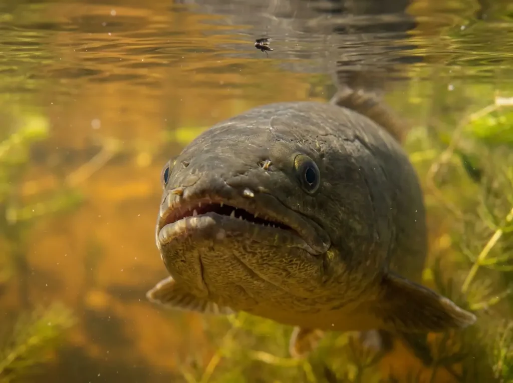 Bowfin close-up showing distinctive gular plate and ancient facial structure in clear water