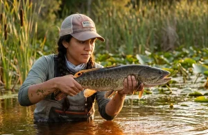 The Bowfin Outlasted the Dinosaurs — Here’s Why Bowfin fish held at water surface by angler in weedy backwater, gular plate and tail spot visible