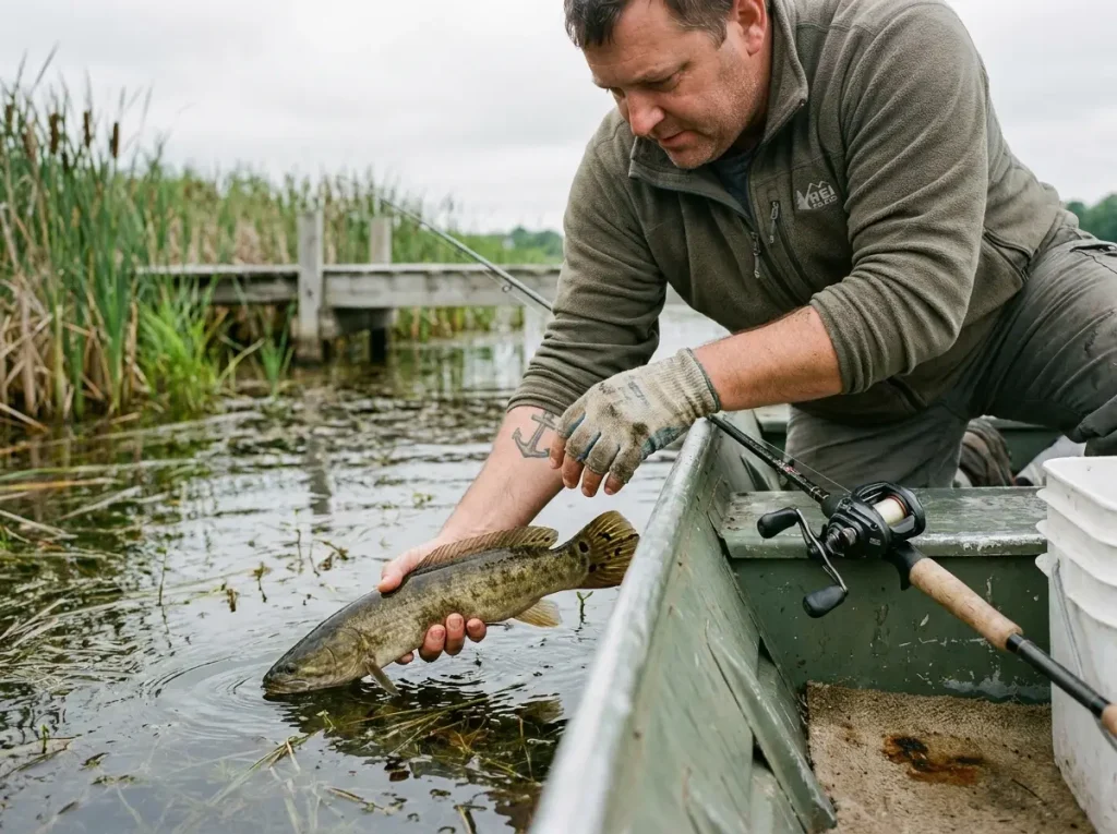 Catch-and-release bowfin being returned to water by angler with musky rod in background