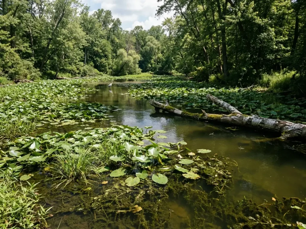 Weedy backwater habitat typical of bowfin range — vegetated cove on Great Lakes tributary river