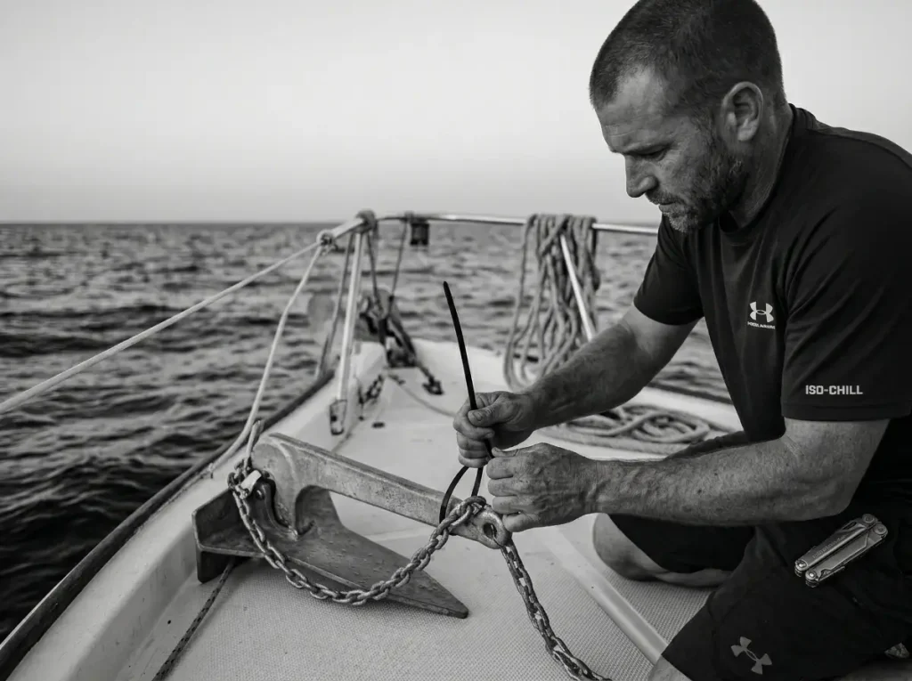 Angler rigging a breakaway anchor system