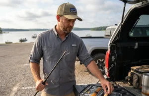 Rod Tip Snapped Mid-Cast? Here’s the 2-Minute Fix Angler holding a broken fishing rod tip with repair kit on a tailgate at the lake