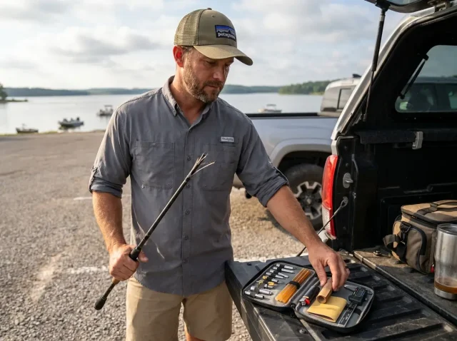 broken-rod-tip-repair-tailgate-lake Angler holding a broken fishing rod tip with repair kit on a tailgate at the lake
