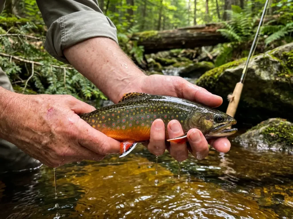 Brook trout held gently above clear mountain tributary water in the Catskills