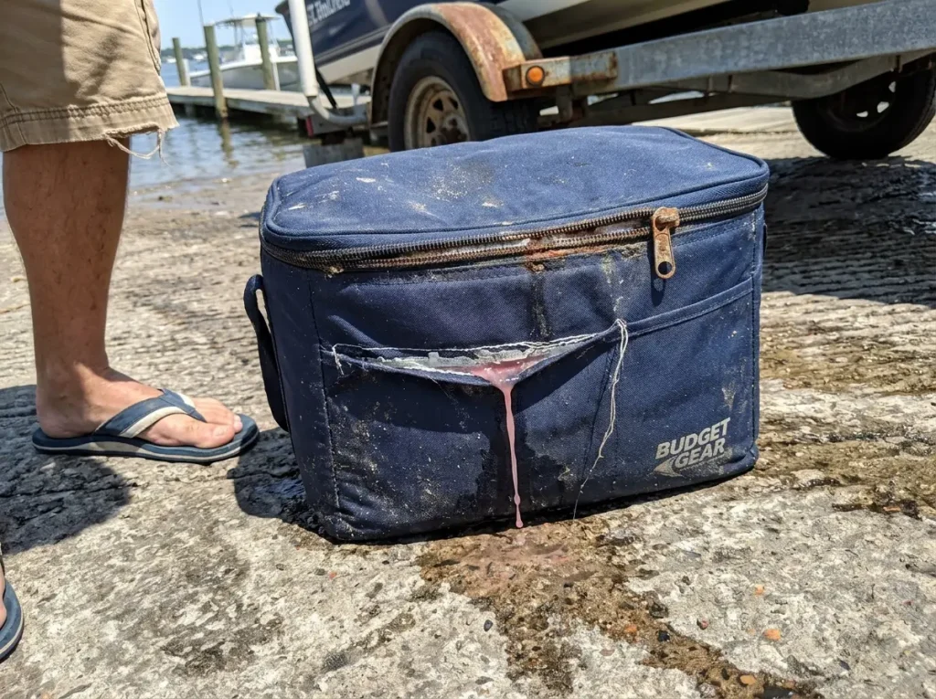 A cheap stitched-seam fishing cooler bag leaking meltwater showing where budget bags fail on the water