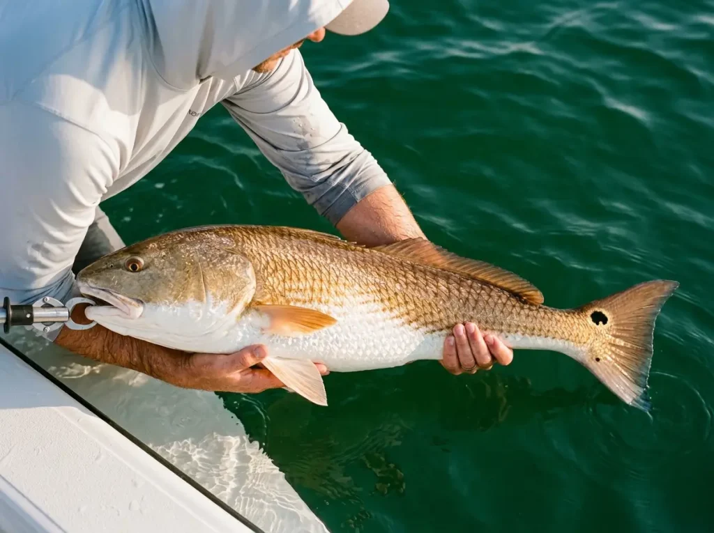 Careful horizontal hold of a bull redfish for release