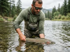 Is Fishing During Spawning Season Actually Harmful? Angler carefully releasing fish over a spawning gravel bed
