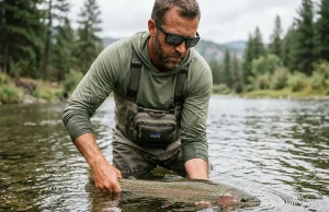Is Fishing During Spawning Season Actually Harmful? Angler carefully releasing fish over a spawning gravel bed