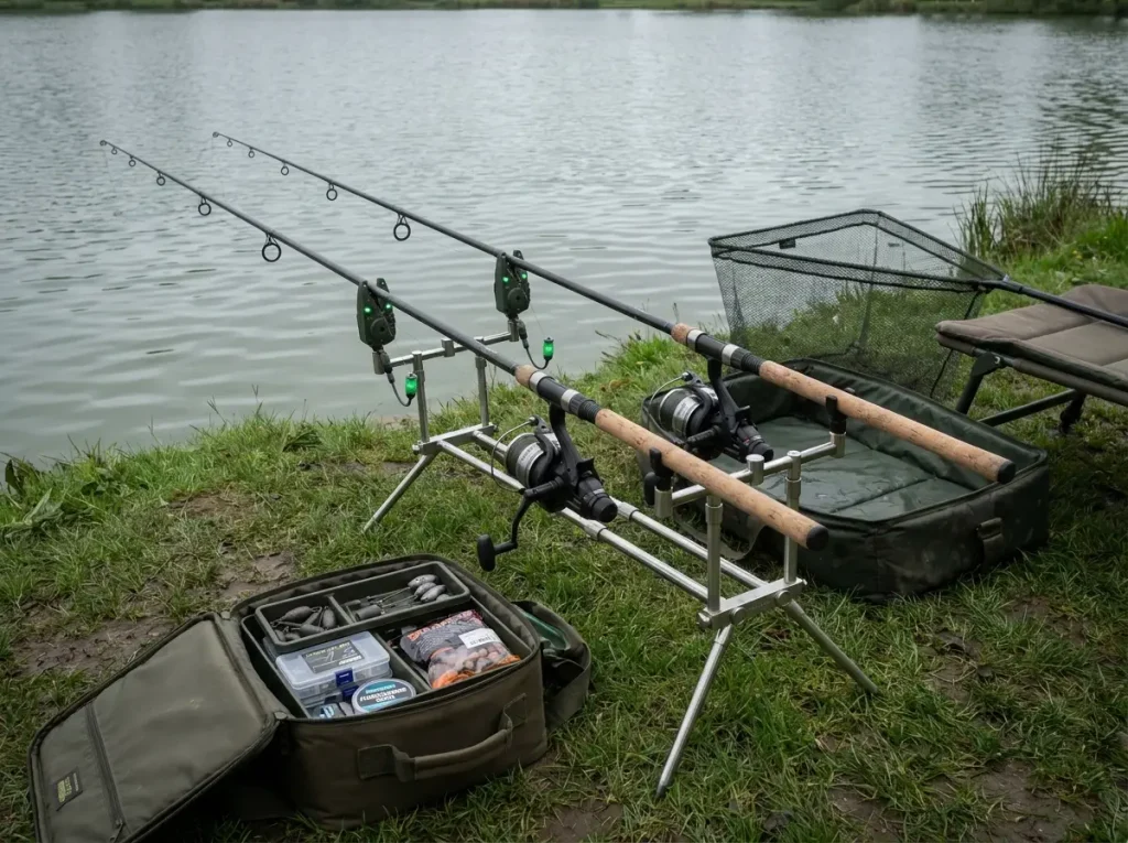 Carp fishing rod pod setup with Shimano Baitrunner reels on lakeshore
