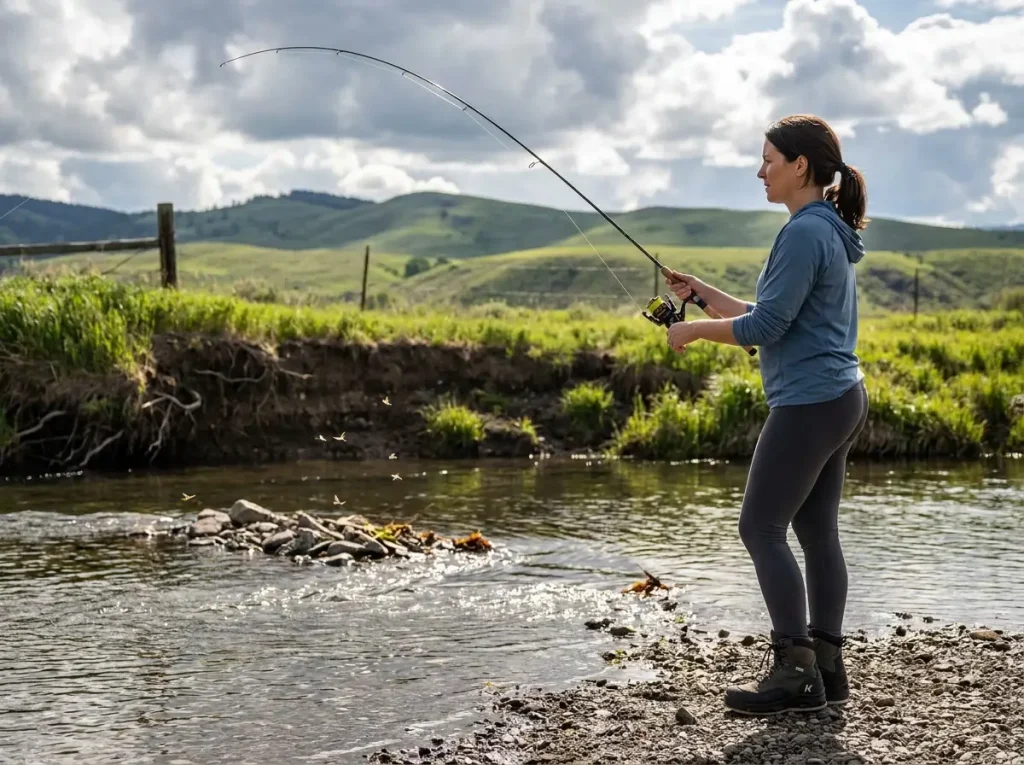 Bank angler casting toward structure with fishing line visible over calm water