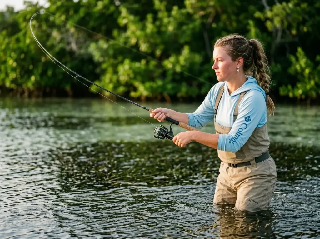 Angler casting into a shallow seagrass nursery for juvenile red drum